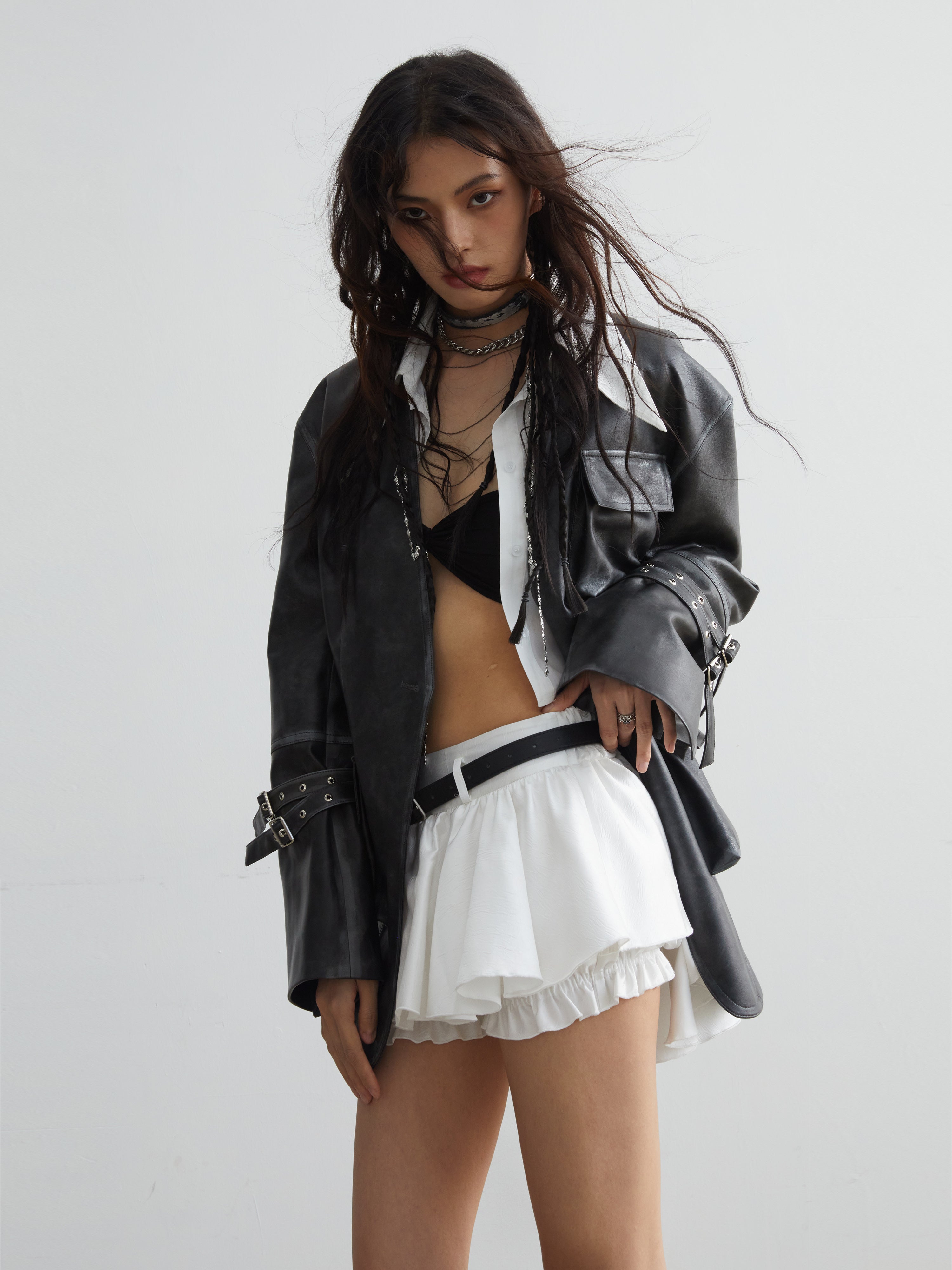 Belt Decoration Ruffled Mini Skirt