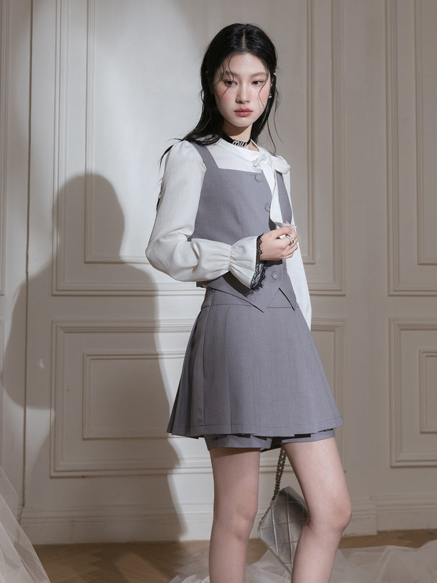 Chinese Style No-Collar Jacket ＆ Vest ＆ Pleated Skirt Set-up