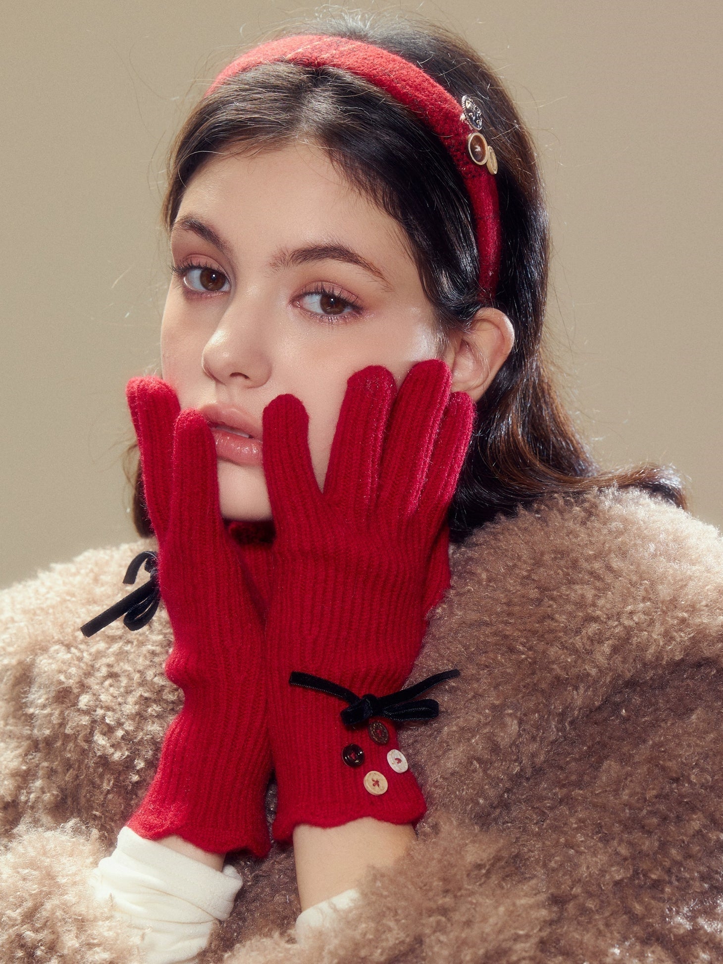 Bow Hand-button Knitted Five-finger Gloves