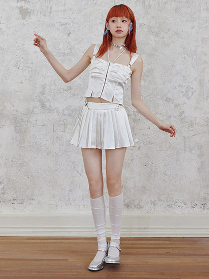 Shiny Suspender Top &amp; Low Waist Pleated Skirt