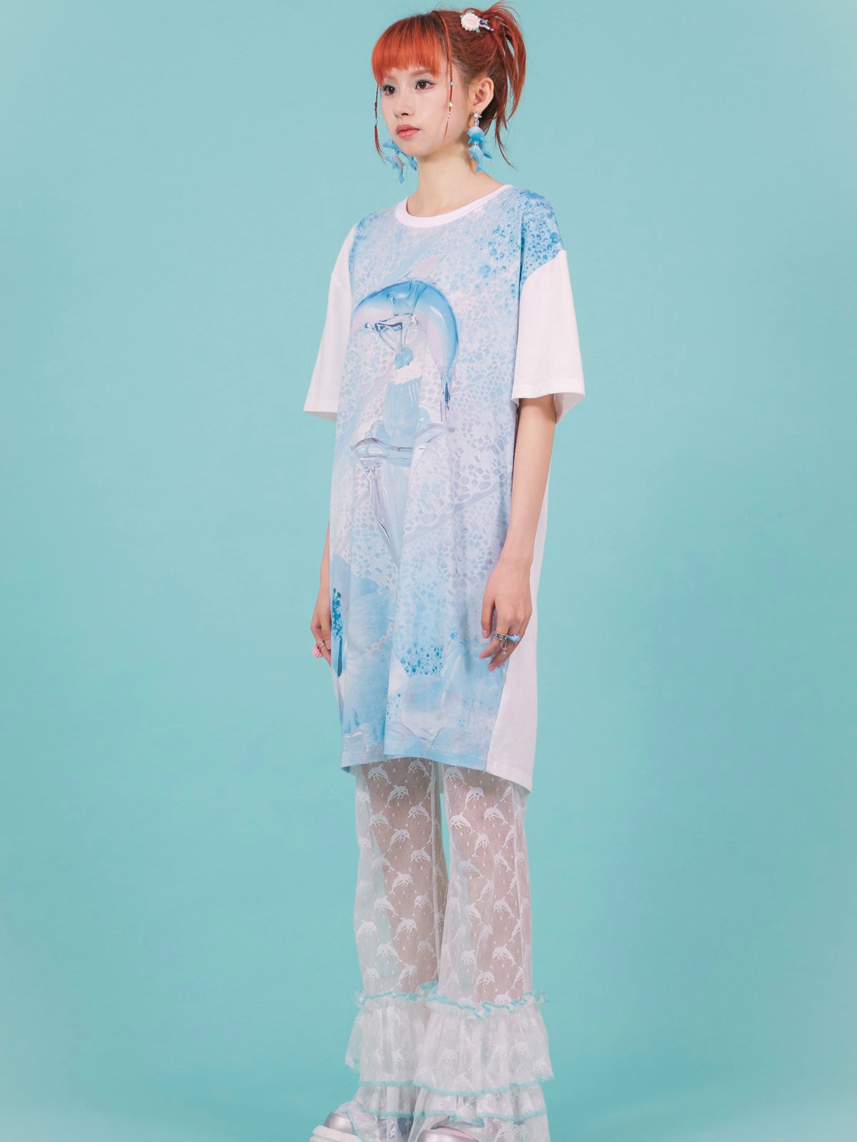 Round Neck Dolphin Print Over Size T-shirt