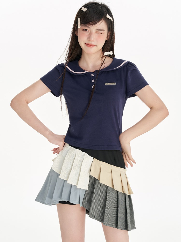 Navy Collar Puff Sleeve T-Shirt