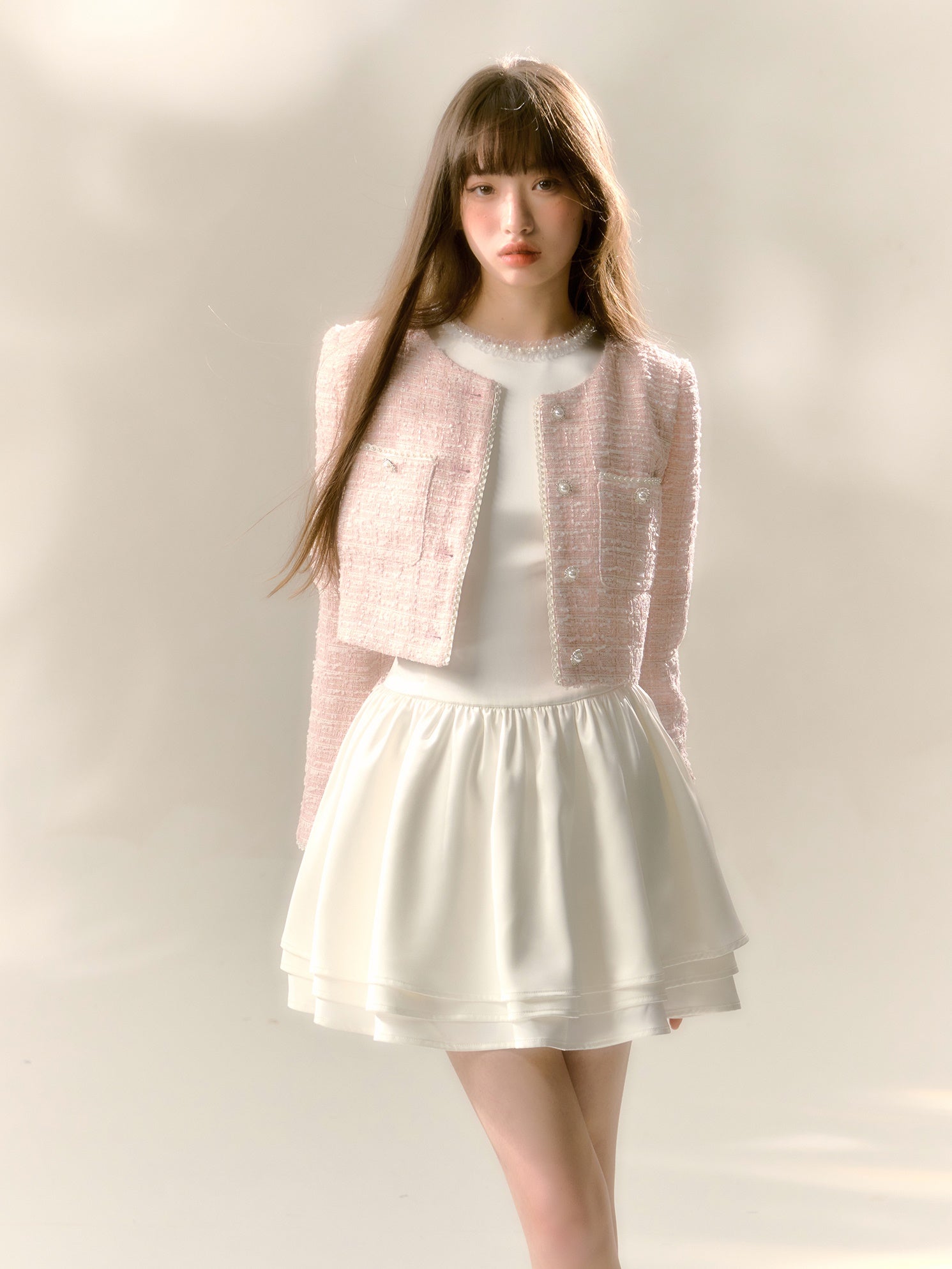 Fine Glitter Girly Pearl Lace Straight Braided Short Jacket