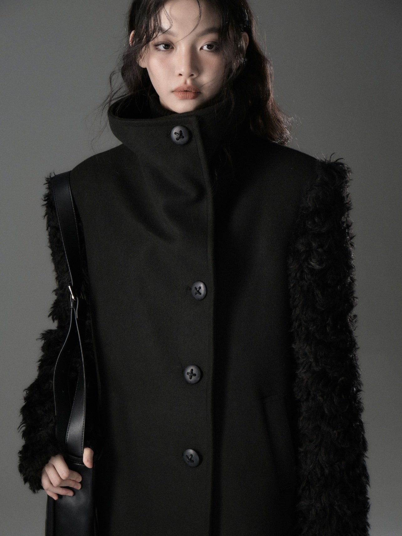 Plush Fur Sleeve Splicing Stand Collar Coat