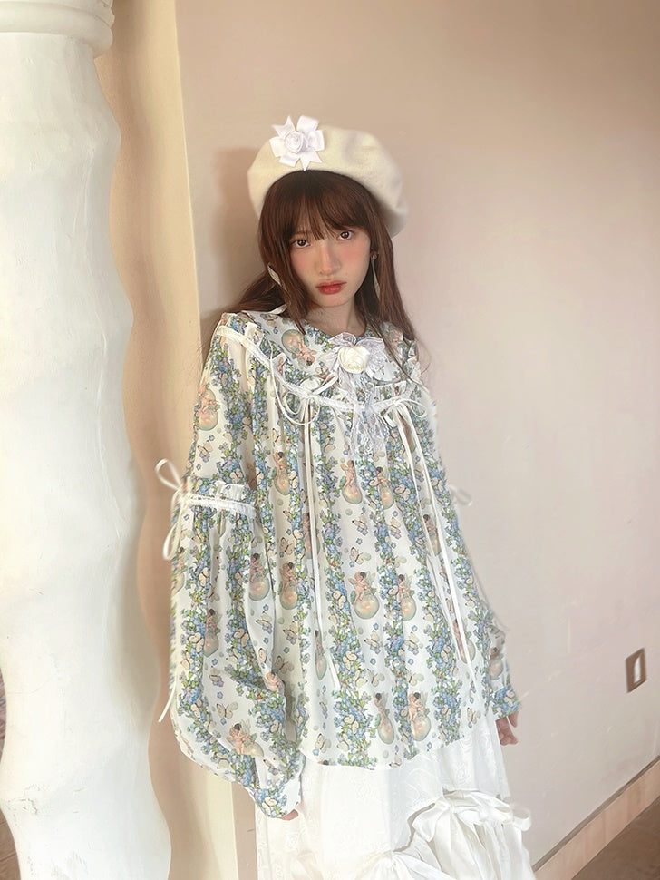 Angel Print Bow Puff Sleeve Loose Shirt