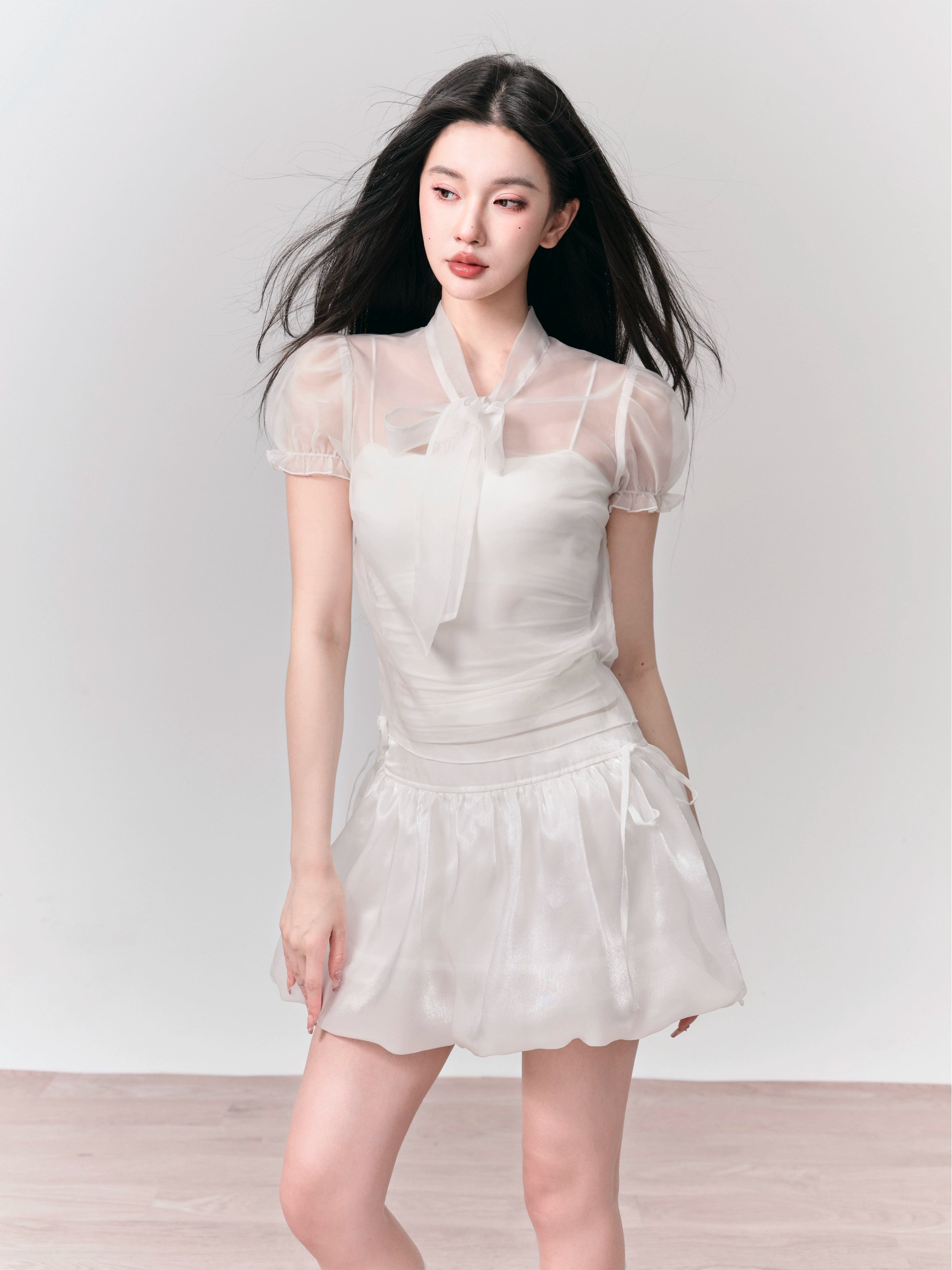 See-through Puff Sleeve Shirt &amp; Bud Skirt