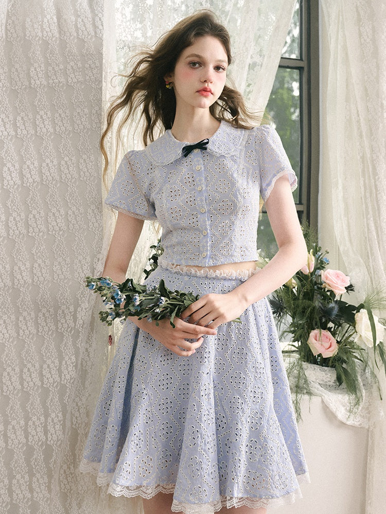 College Style Doll Collar Cutwork Lace Shirt ＆ Flare Skirt