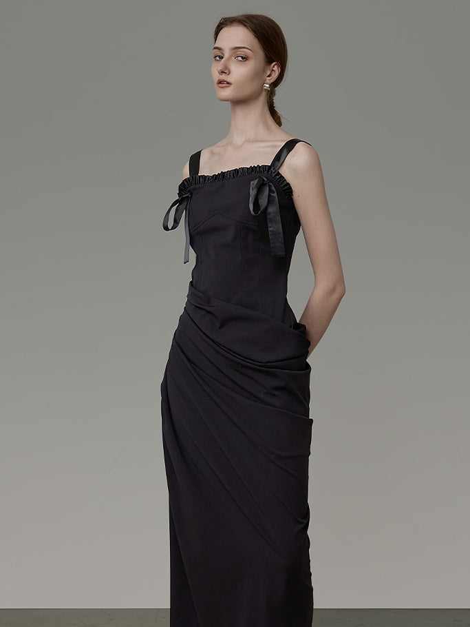 Ribbon Strap Frill Drape Long Dress