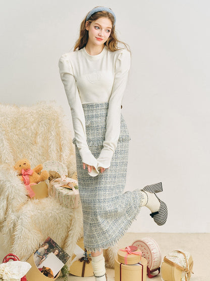 Loose Silhouette Tweed No-Collar Jacket ＆ Mid-Length Skirt