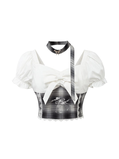 Checked Lace Ribbon Girly Blouse&amp;Mini-Skirt