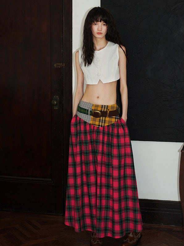 Retro Plaid Stitching Long Skirt With Belt