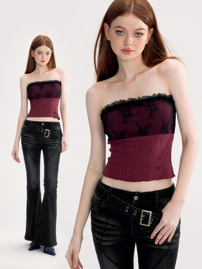 Lace Stretch Knit Feminine Frill Tube-Top