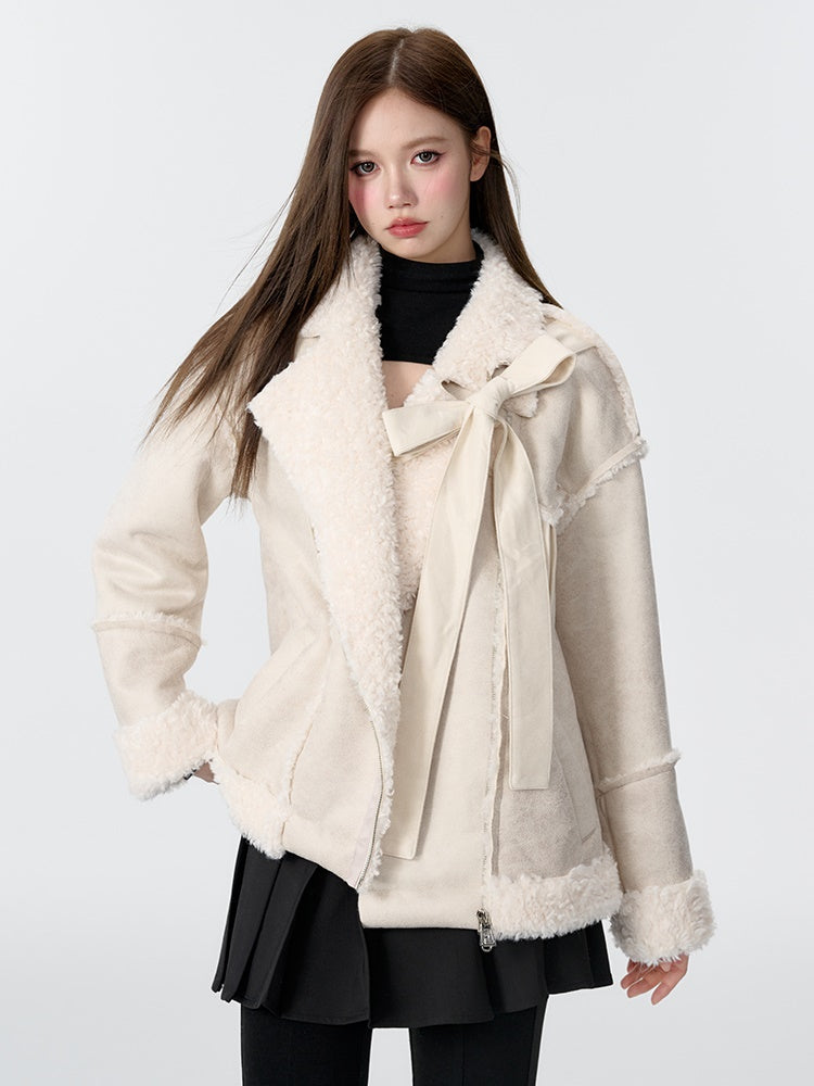 Ribbon Accent Fur Motorcycle Jacket