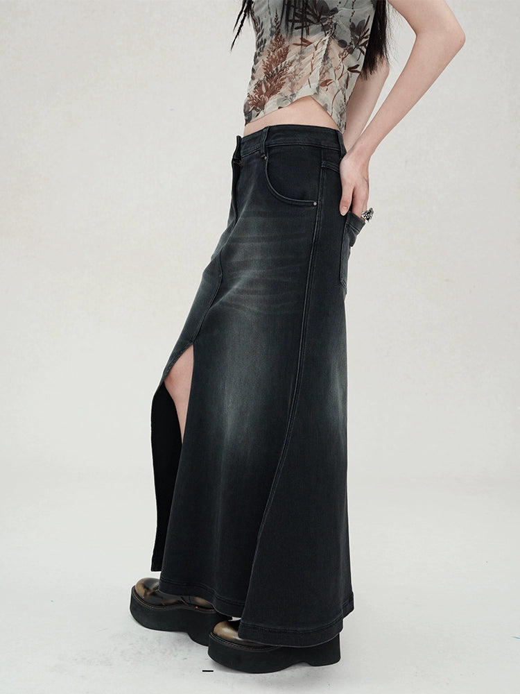 Gradient Mermaid Slit Denim Skirt