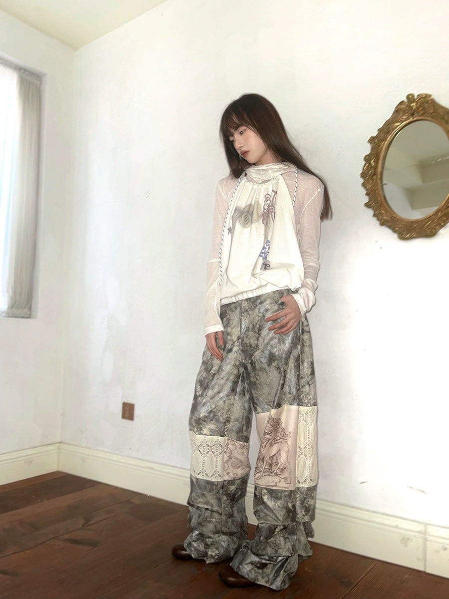 Tie-dye Printed Lace Splicing Pants