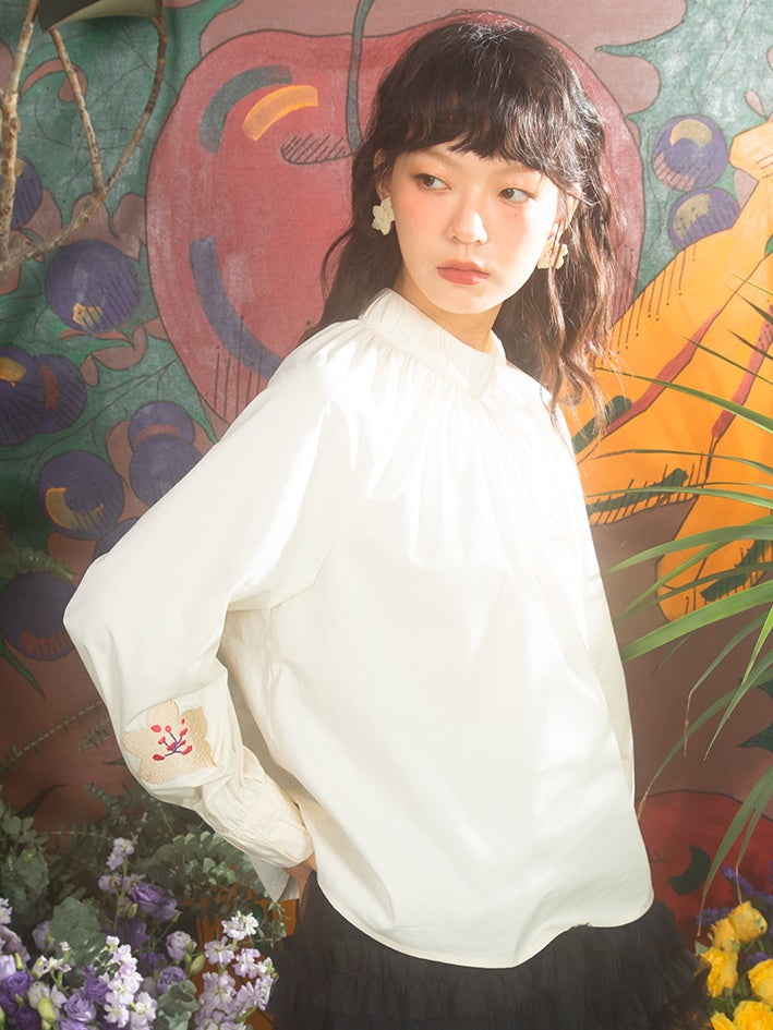 Cherry Blossom Embroidery Bottle-neck Shirt