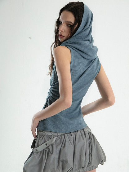 Hooded Swing Collar Knitted Sleeveless Top