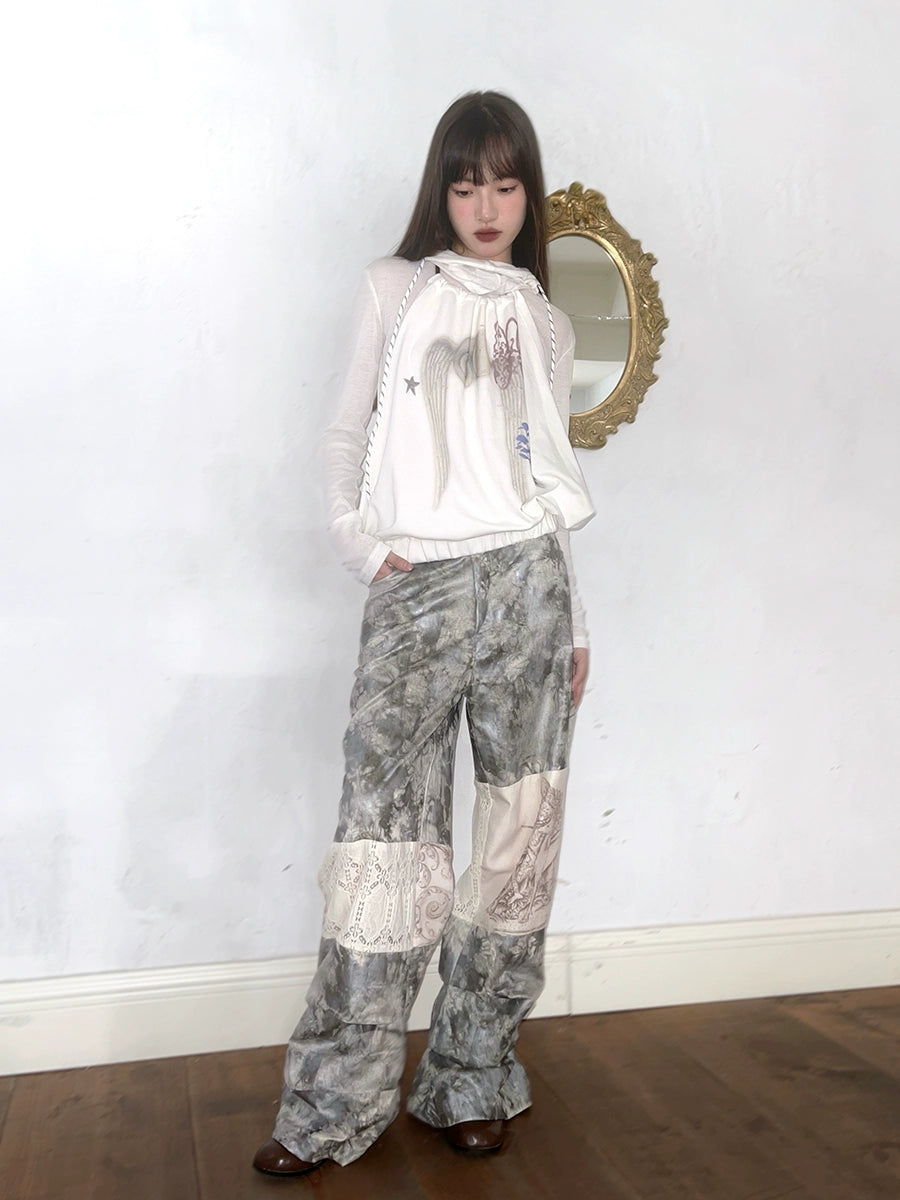 Tie-dye Printed Lace Splicing Pants