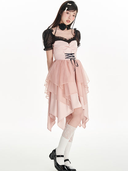 Contrast Color Bandage Mesh Princess Dress