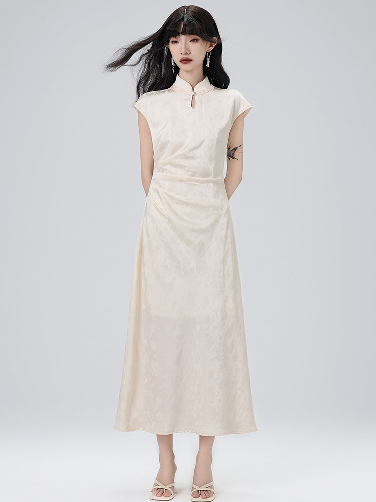 Chinese Style Side Drape French Sleeve Long Dress