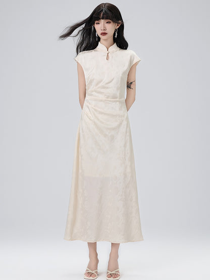 Chinese Style Side Drape French Sleeve Long Dress