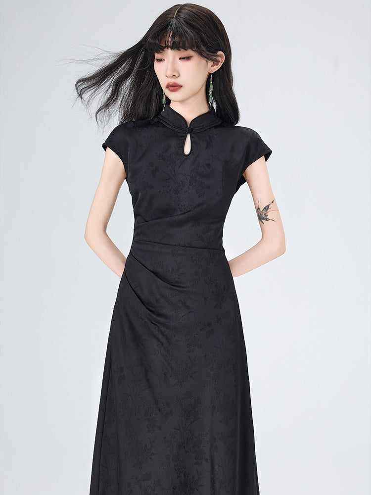 Chinese Style Side Drape French Sleeve Long Dress