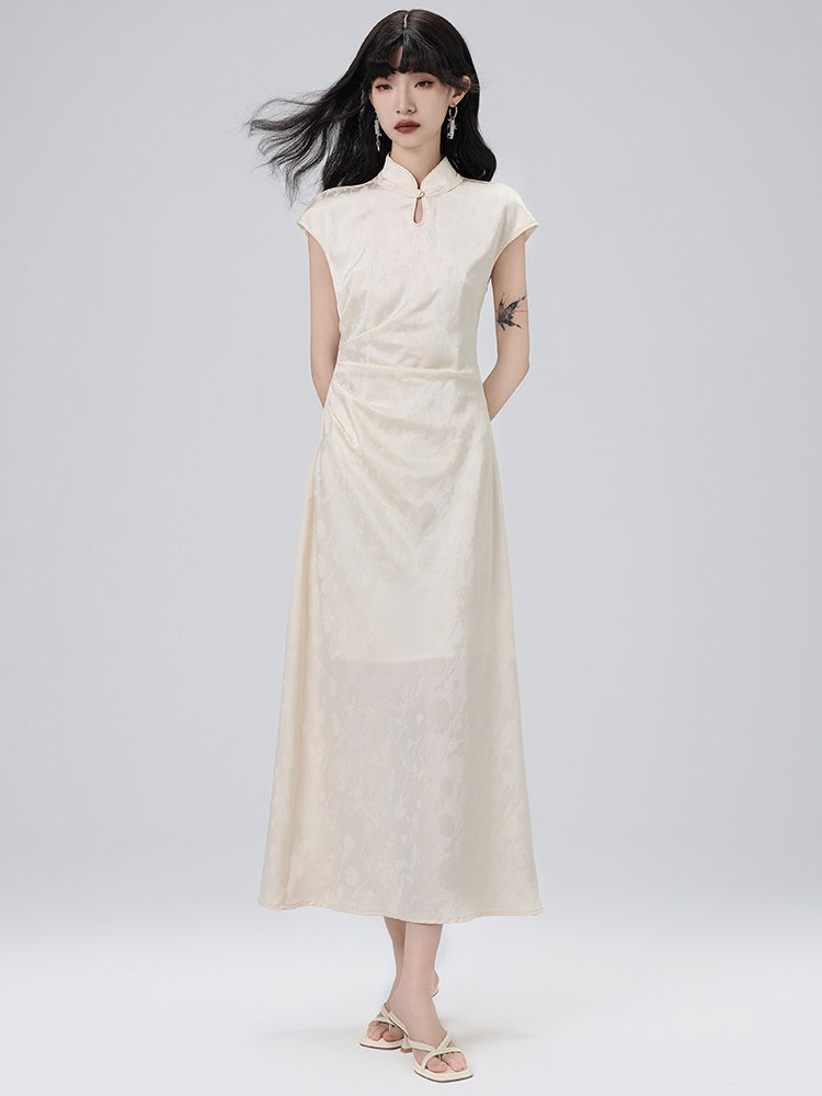 Chinese Style Side Drape French Sleeve Long Dress