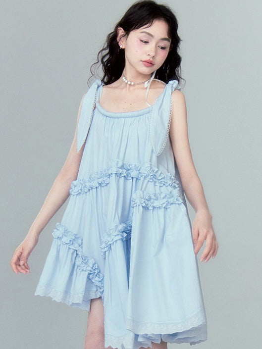 Lotus Leaf Lace Strap Irregular Frill Dress