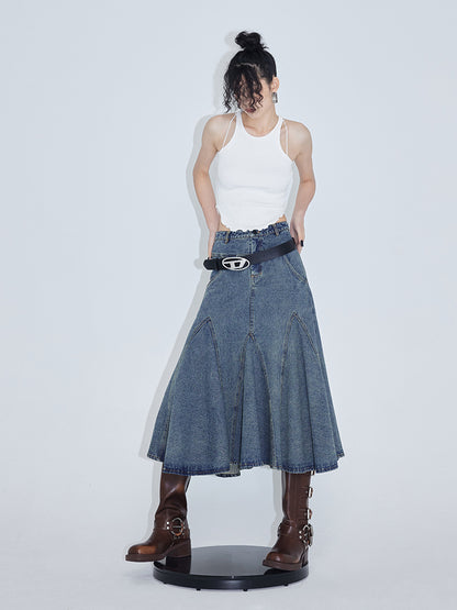 High Waist A-line Fishtail Umbrella Denim Skirt