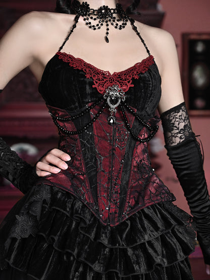 Gothic Velvet Fishbone Corset &amp; Bel Decoration Camisole &amp; Tulle en dentelle en velours jupe