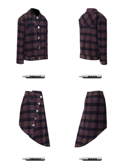 Plaid Heart Button Short Jacket &amp; Asymmetry Saum Rock