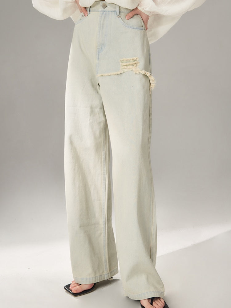 Light-colored Loose Ripped Wide-leg Jeans