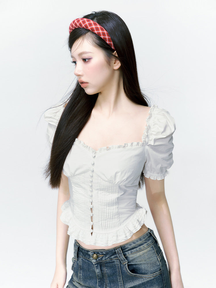 Puff-Sleeves Frill Tight Princess Cropped Blouse