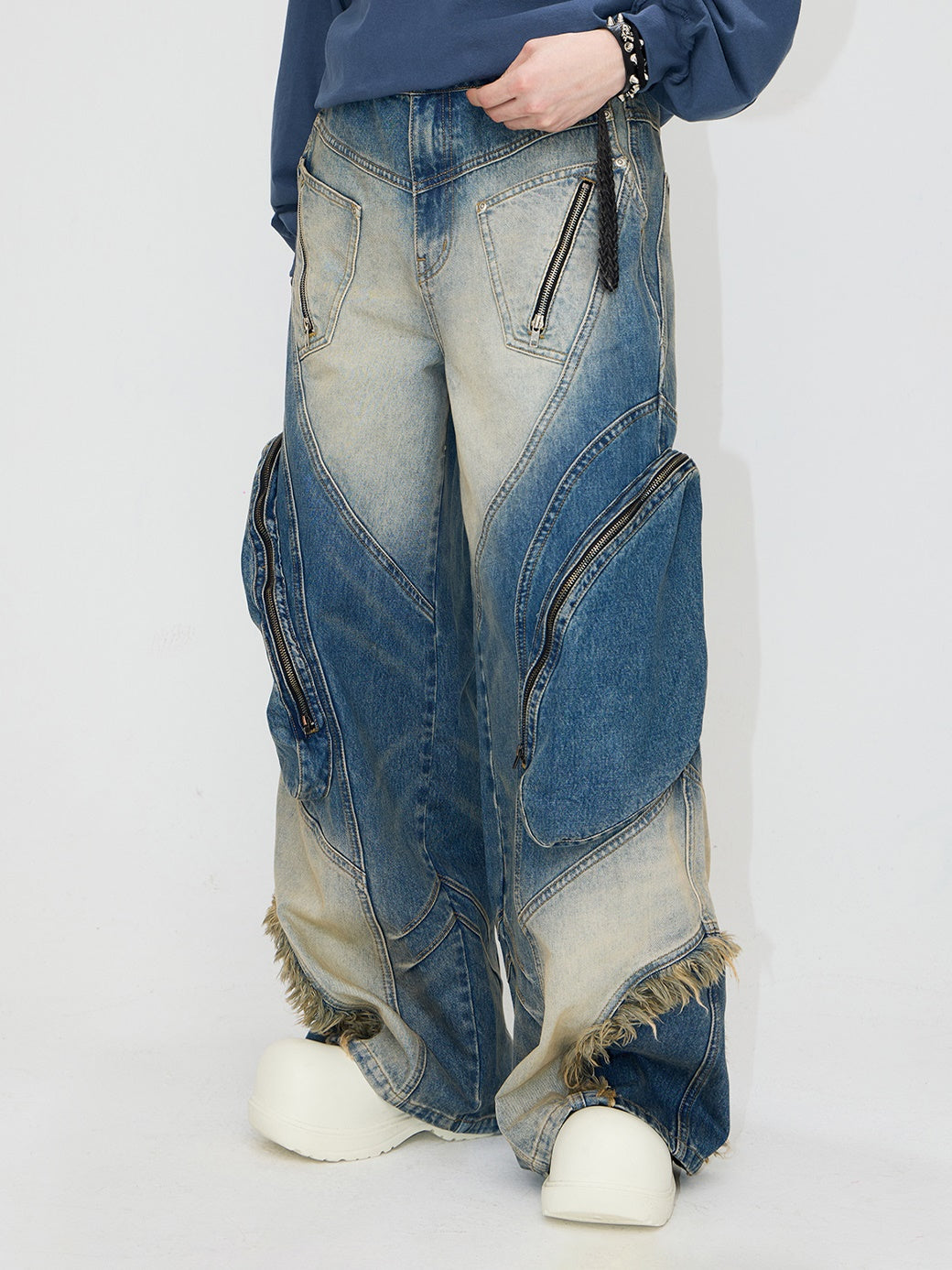 Special-shaped Structure Pocket Bleached Dyed Loose Jeans