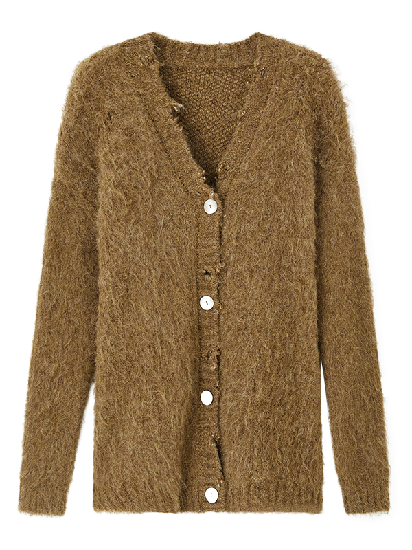 Oversized Furry Placket Ripped Cardigan