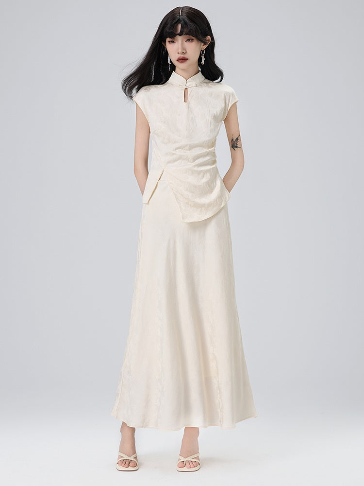 Chinese Style Jacquard French Sleeve Top ＆ Long Skirt