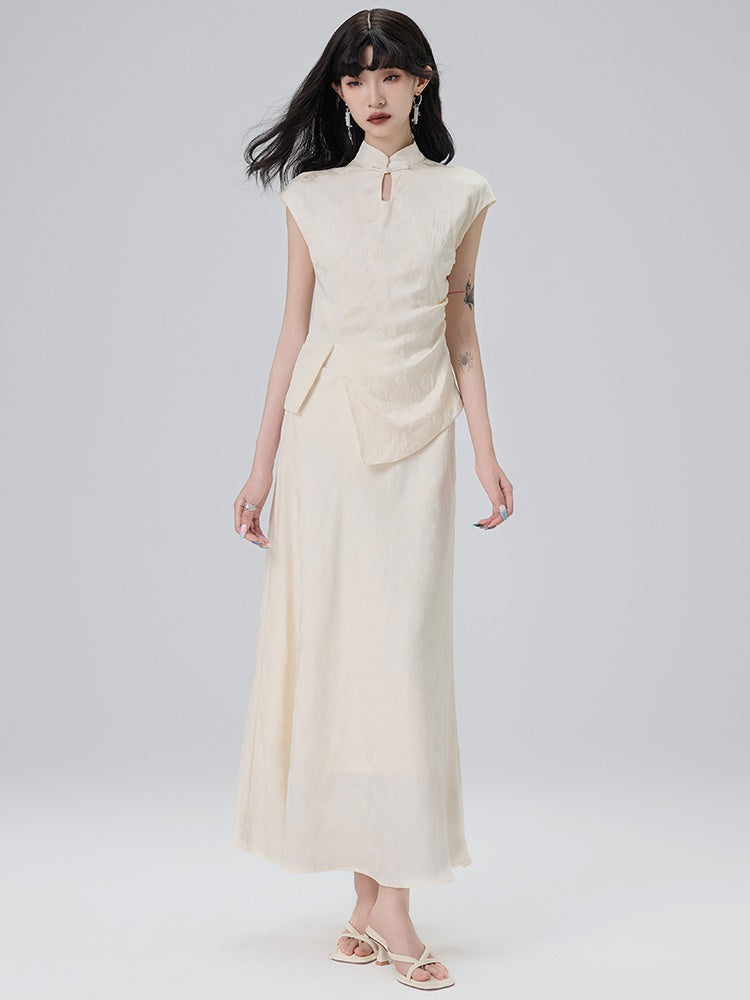 Chinese Style Jacquard French Sleeve Top ＆ Long Skirt