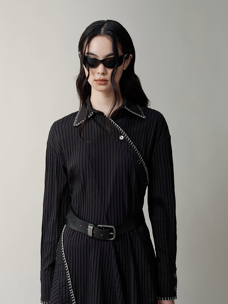 Asymmetric Stripe Slant Button Shirt Dress