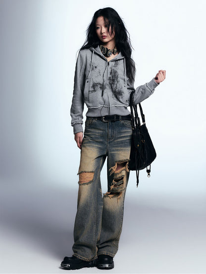 Distressed Ripped Raw Edge Loose Straight Jeans