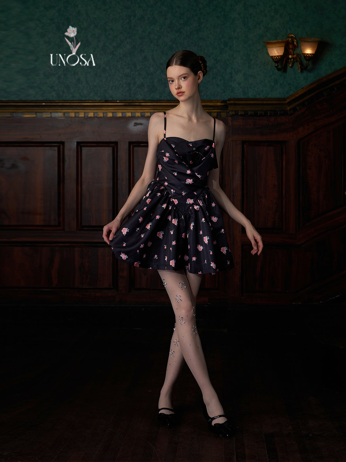 Three-dimensional Bud Floral Printed Suspender Dress