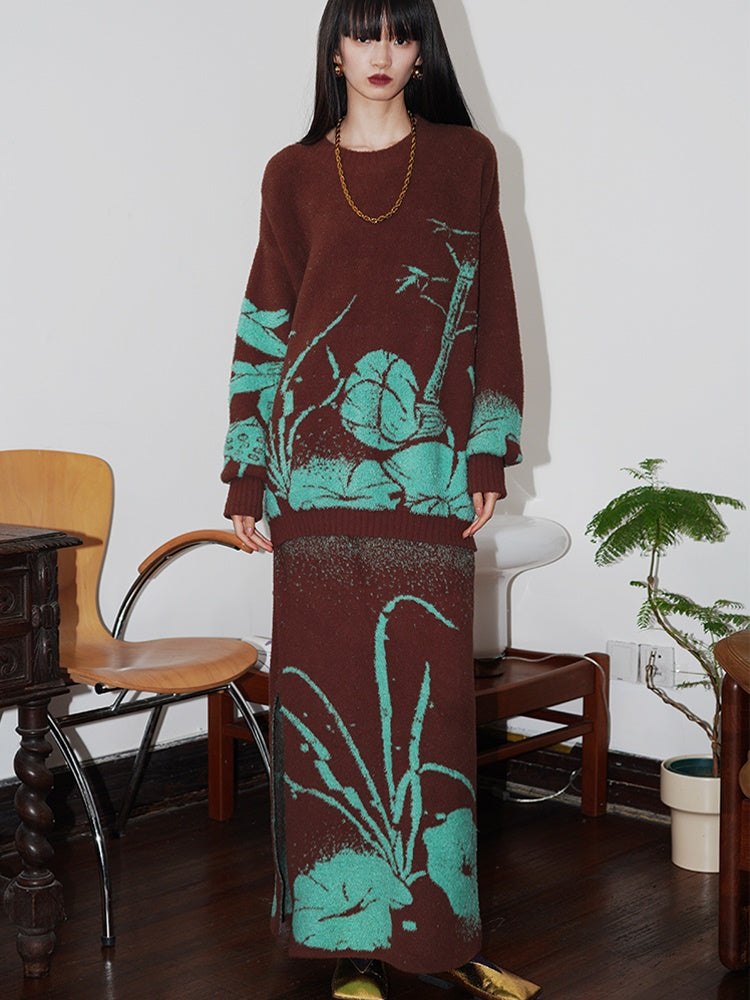 Loose Flower Jacquard Knitted Sweater &amp; Skirt