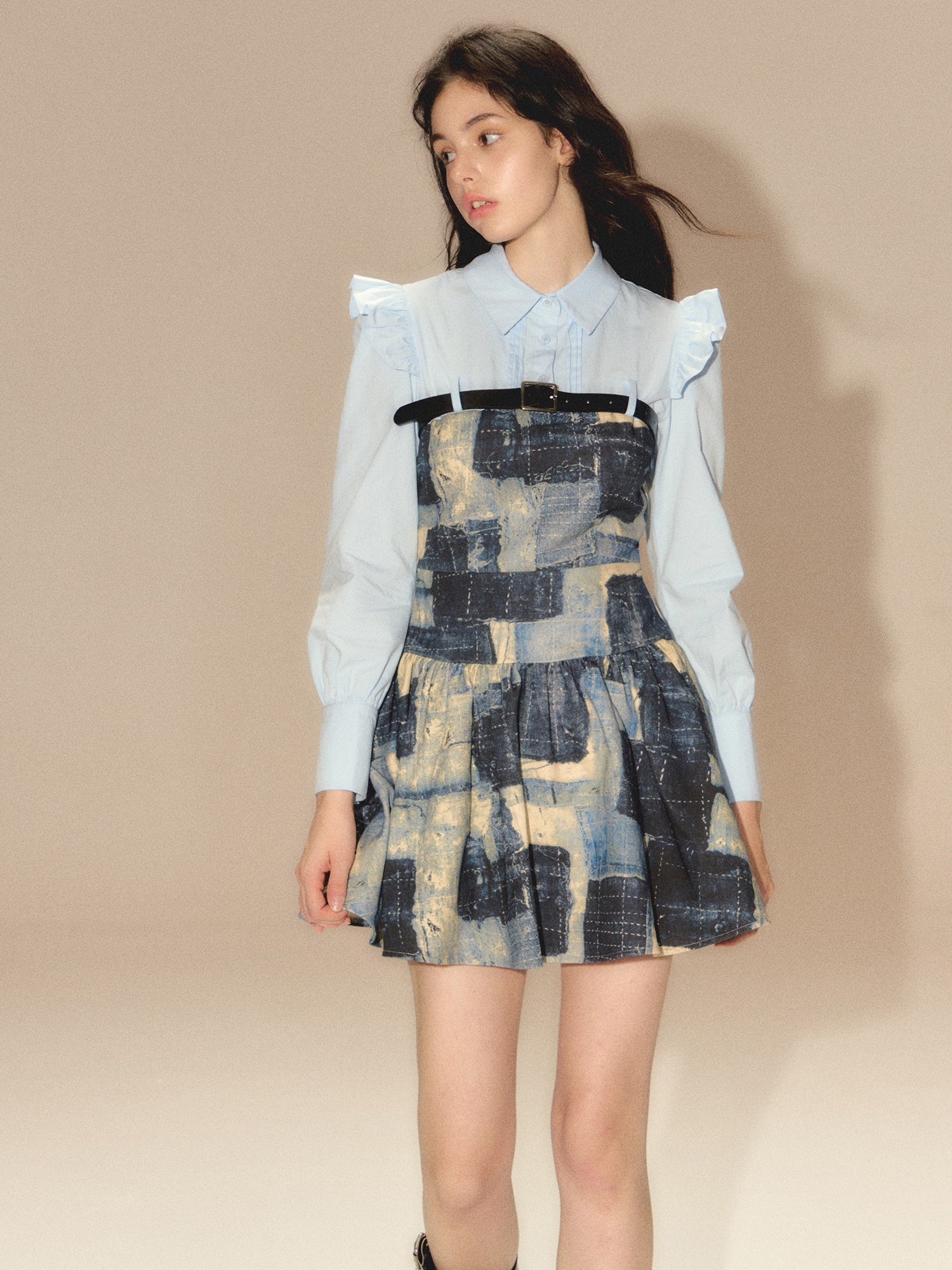 Denim Splicing Belt Design Shirt Dress