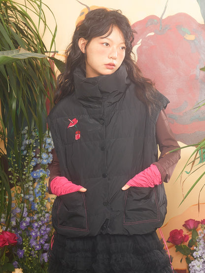 Lily Embroidery Stand Collar Down Vest