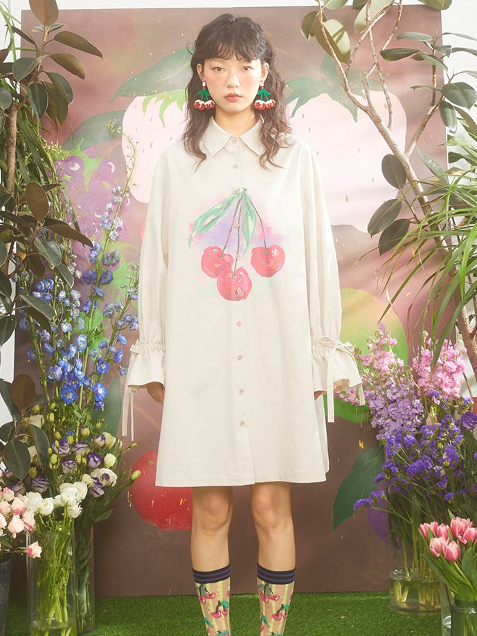 Romantic Gradient Oil Painting Cherry Print Shirt Dress