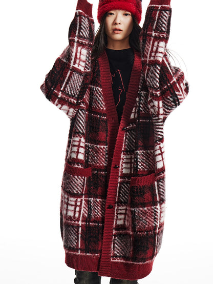 Plaid Over-Size V-neck Cardigan