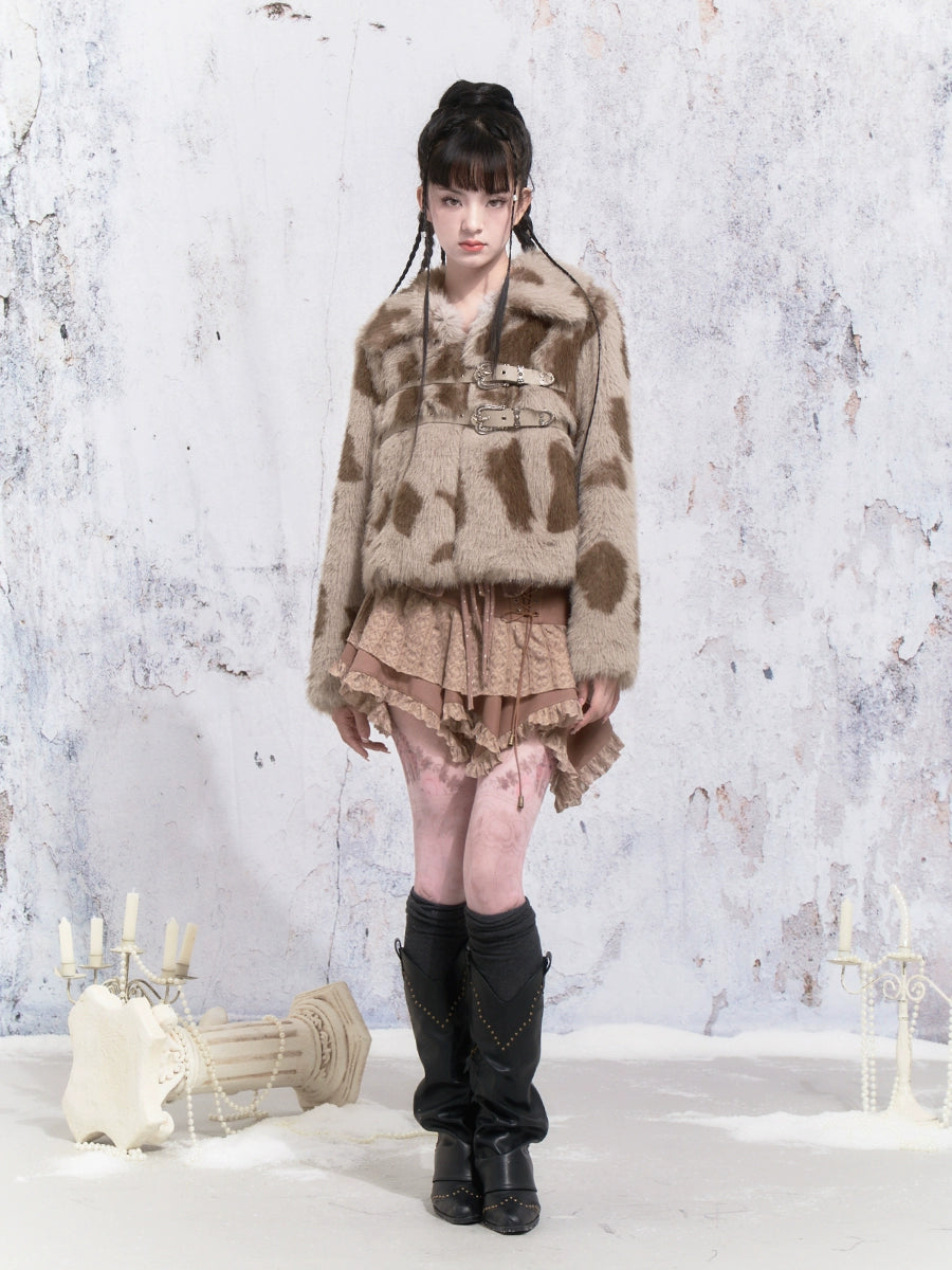 Cow Pattern Leather Buckle Fur Short Coat