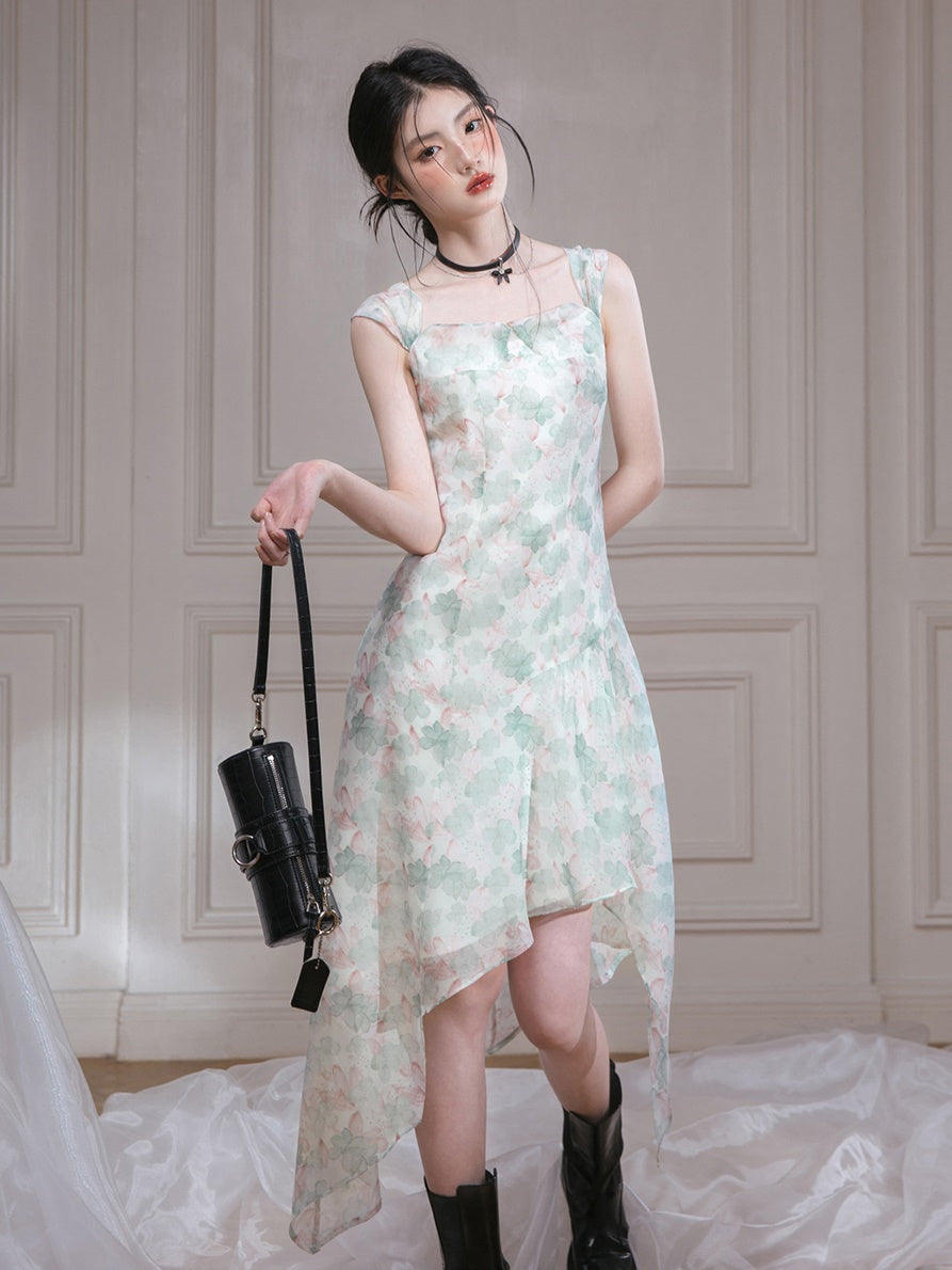 Clear Water Lotus Colorful Irregular Hem Chiffon Dress