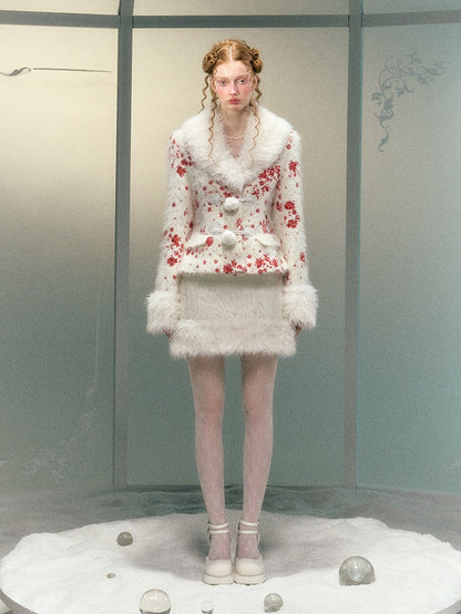 Sequined Embroidery Fur Collar Waisted Jacket ＆ Skirt