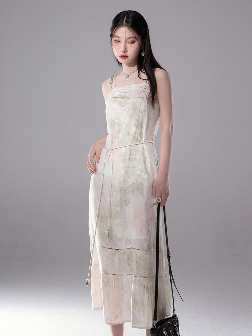 Lazy Smudged Drawstring Sling Dress