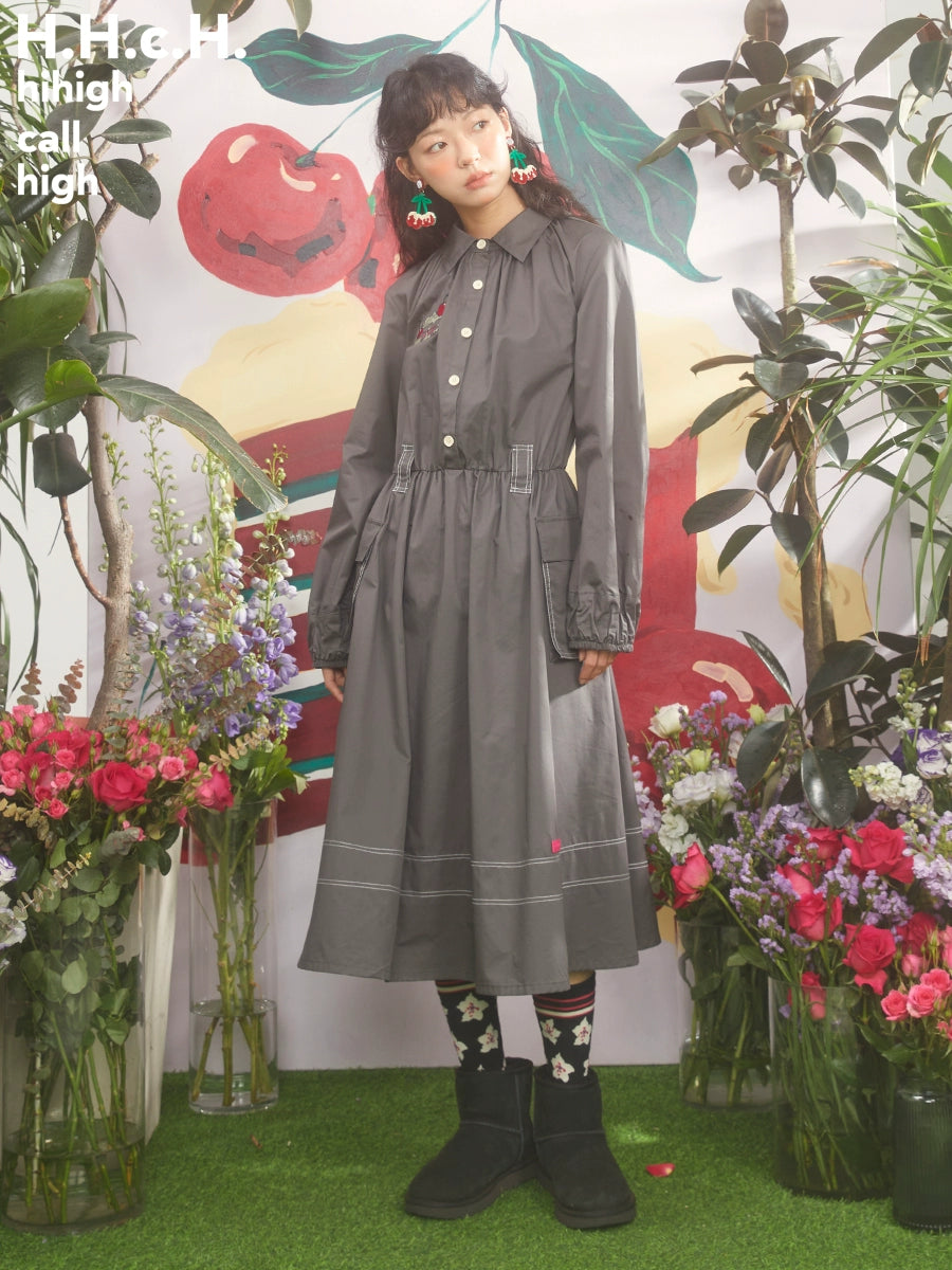 Cherry Cream Cake Embroidered Mid-length Shirt Dress